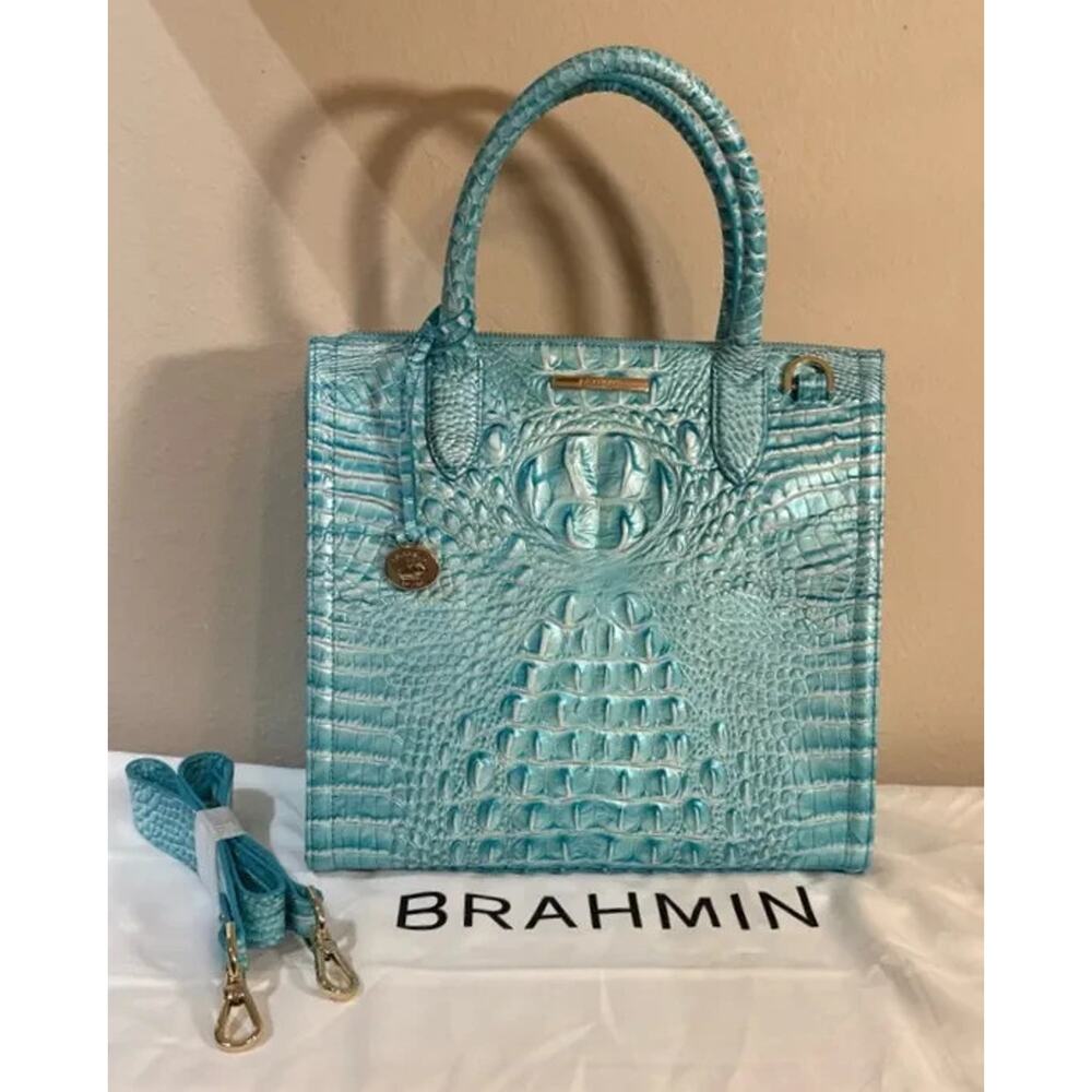 NWT BRAHMIN CAROLINE DUSTY BLUE MELBOURNE CROCO EMBOS LEATHER SATCHEL BAG
